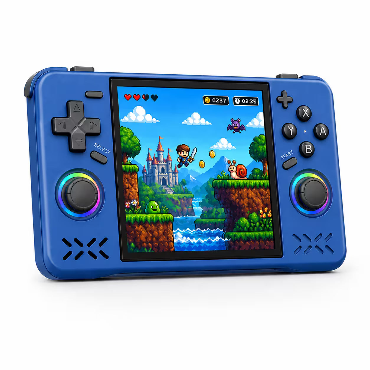 iGameConsole XF40H WiFi Pro blue portable handheld console shown as a standalone color option with a wide display, dual RGB-ring joysticks, D-pad, ABXY buttons, speaker vents, and bright pixel game screen on a clean white background.