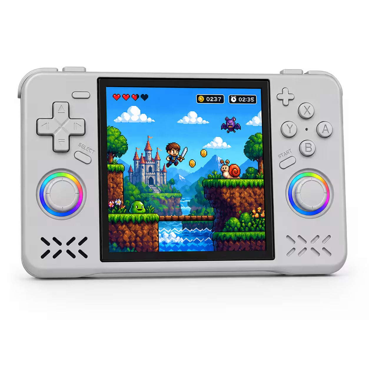iGameConsole XF40H WiFi Pro gray portable gaming console shown as a standalone color option with a horizontal screen, dual RGB-ring joysticks, D-pad, ABXY buttons, speaker vents, and colorful retro game display on a clean white background.