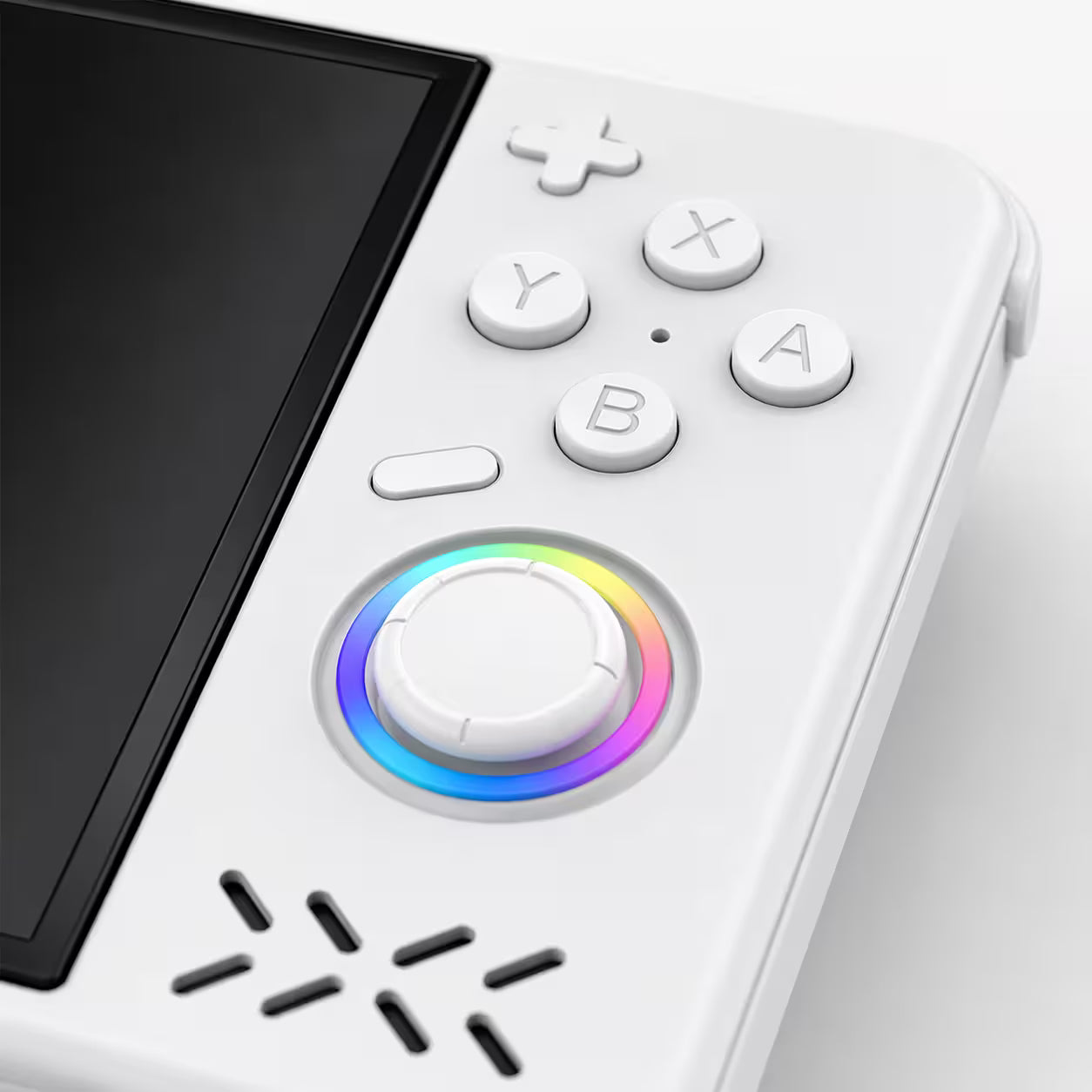 Close-up of the iGameConsole XF40H WiFi Pro white handheld console showing the ABXY buttons, dual RGB-ring joystick detail, speaker grille, screen edge, and clean matte shell finish.