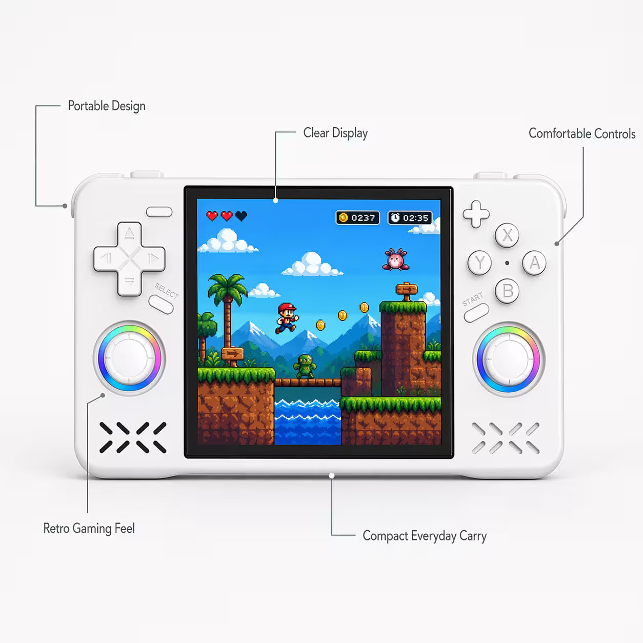 Feature-highlight image of the iGameConsole XF40H WiFi Pro white handheld game console with callouts for portable design, clear display, comfortable controls, retro gaming feel, and compact everyday carry.