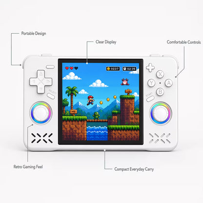 Feature-highlight image of the iGameConsole XF40H WiFi Pro white handheld game console with callouts for portable design, clear display, comfortable controls, retro gaming feel, and compact everyday carry.