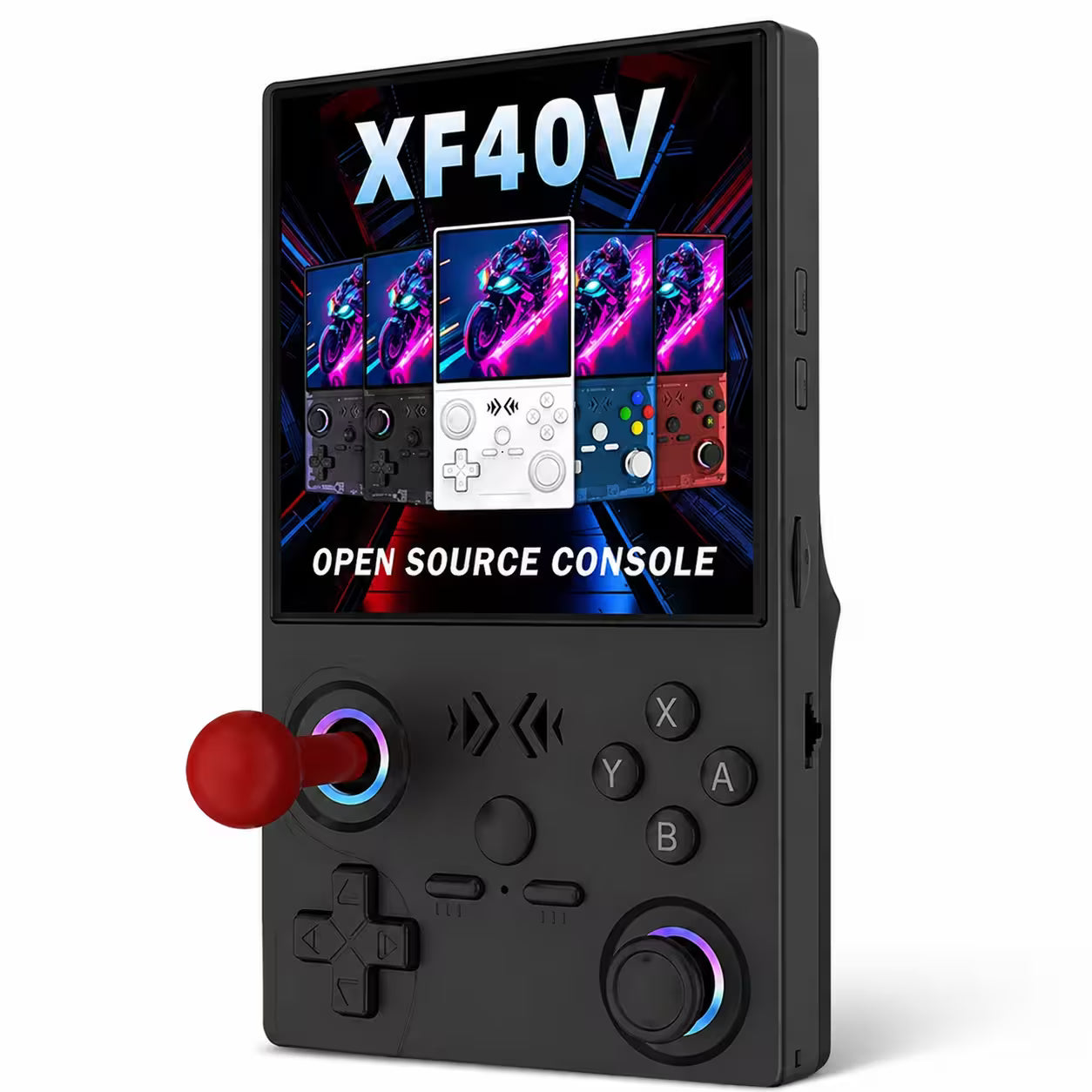 iGameConsole XF40V black portable handheld console shown as a standalone color option with a vertical display, red arcade-style joystick, D-pad, ABXY buttons, RGB-ring controls, and XF40V screen artwork on a clean white background.