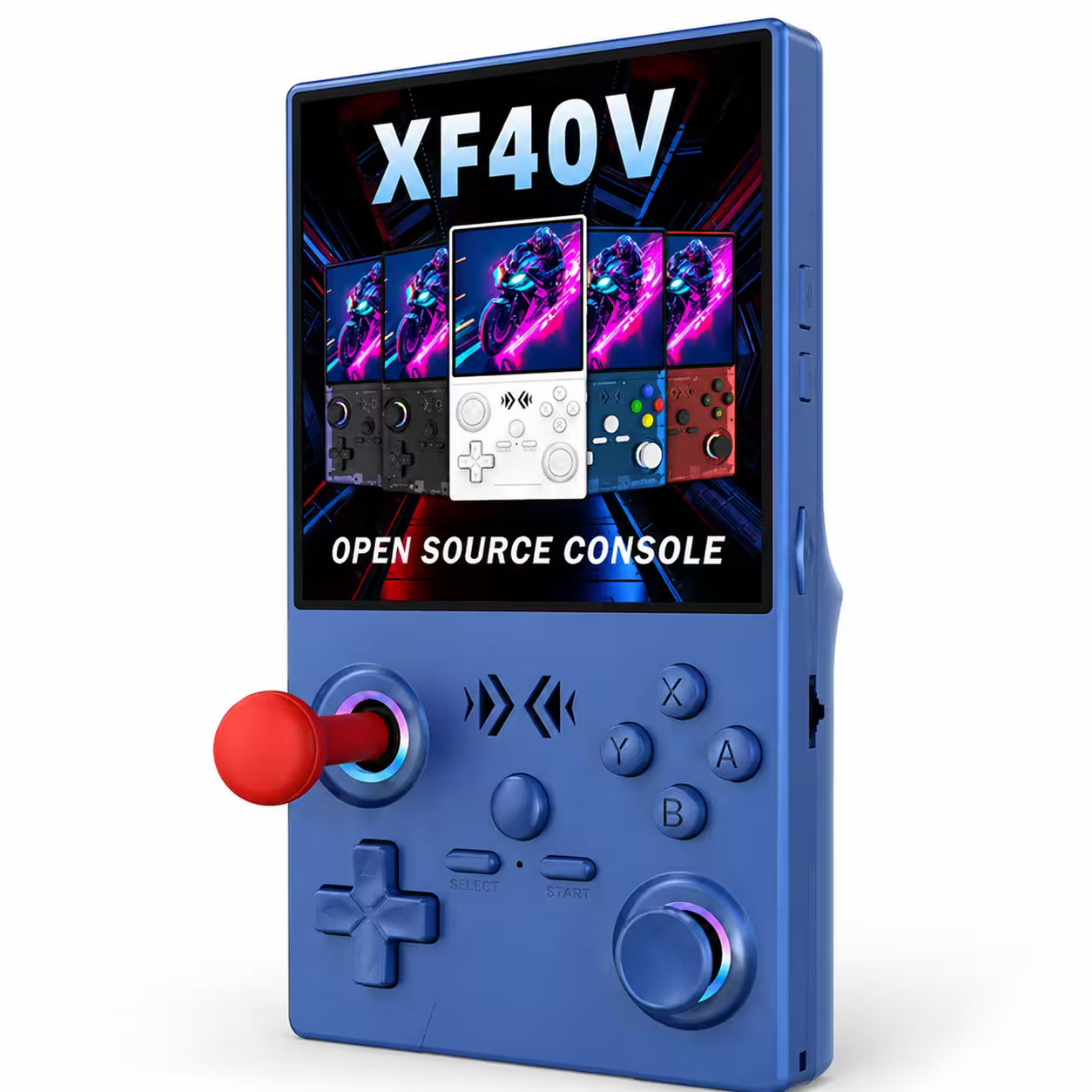iGameConsole XF40V blue retro handheld console shown as a standalone color option with a vertical display, red arcade-style joystick, D-pad, ABXY buttons, dual RGB-ring controls, and XF40V screen artwork on a clean white background.