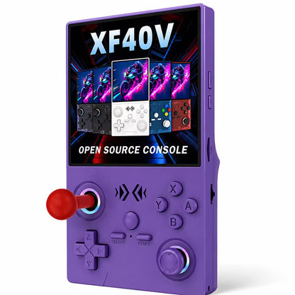 iGameConsole XF40V purple retro handheld game console shown as a standalone color option with a vertical display, red arcade-style joystick, dual RGB-ring controls, D-pad, ABXY buttons, and XF40V open source console screen on a clean white background.