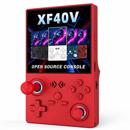 iGameConsole XF40V red portable gaming console shown as a standalone color option with a vertical screen, red arcade-style joystick, matching red shell, D-pad, ABXY buttons, RGB-ring controls, and XF40V open source console display on a clean white background.