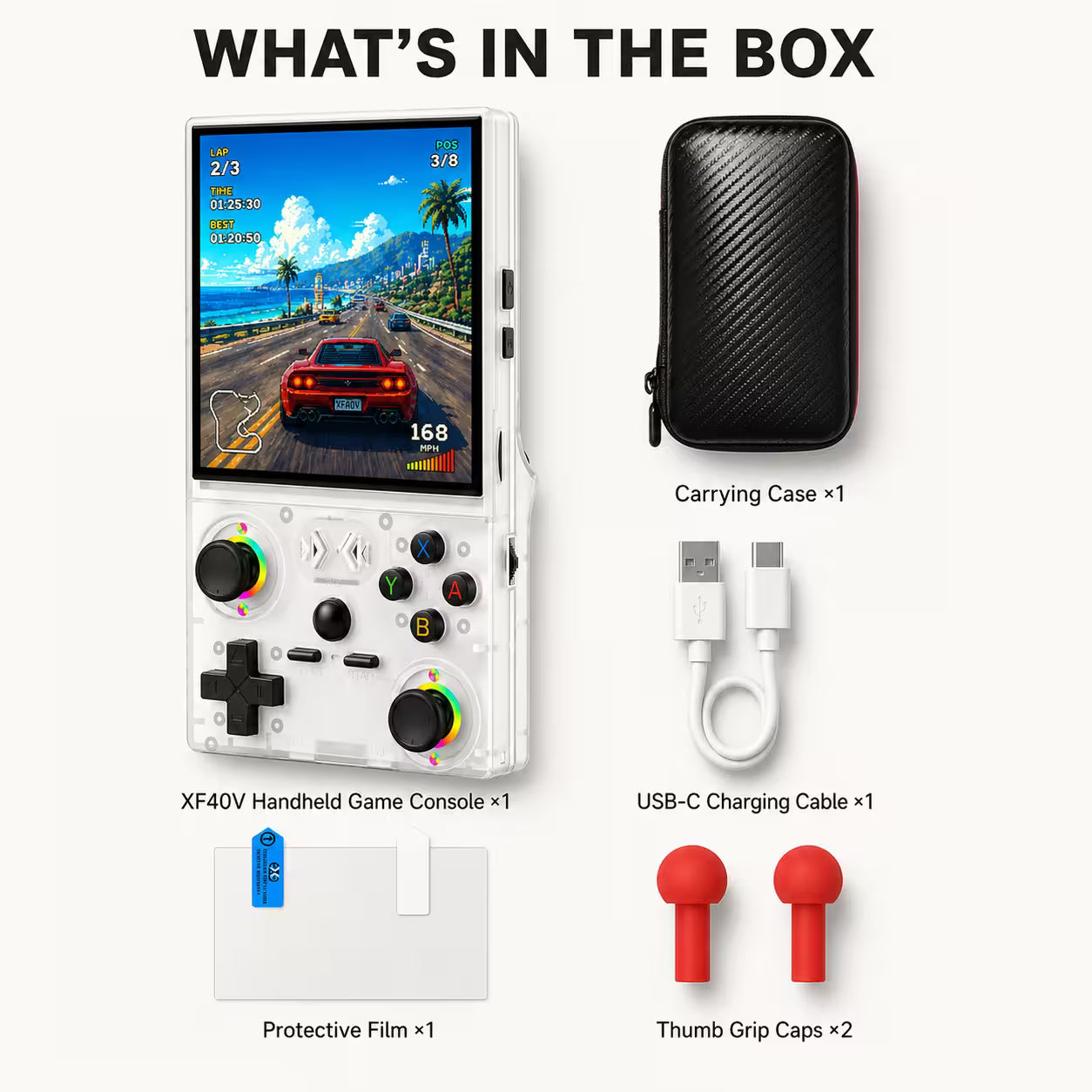 What’s in the box image showing the iGameConsole XF40V white handheld game console as the included item on a clean premium white background.