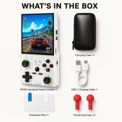 What’s in the box image showing the iGameConsole XF40V white handheld game console as the included item on a clean premium white background.