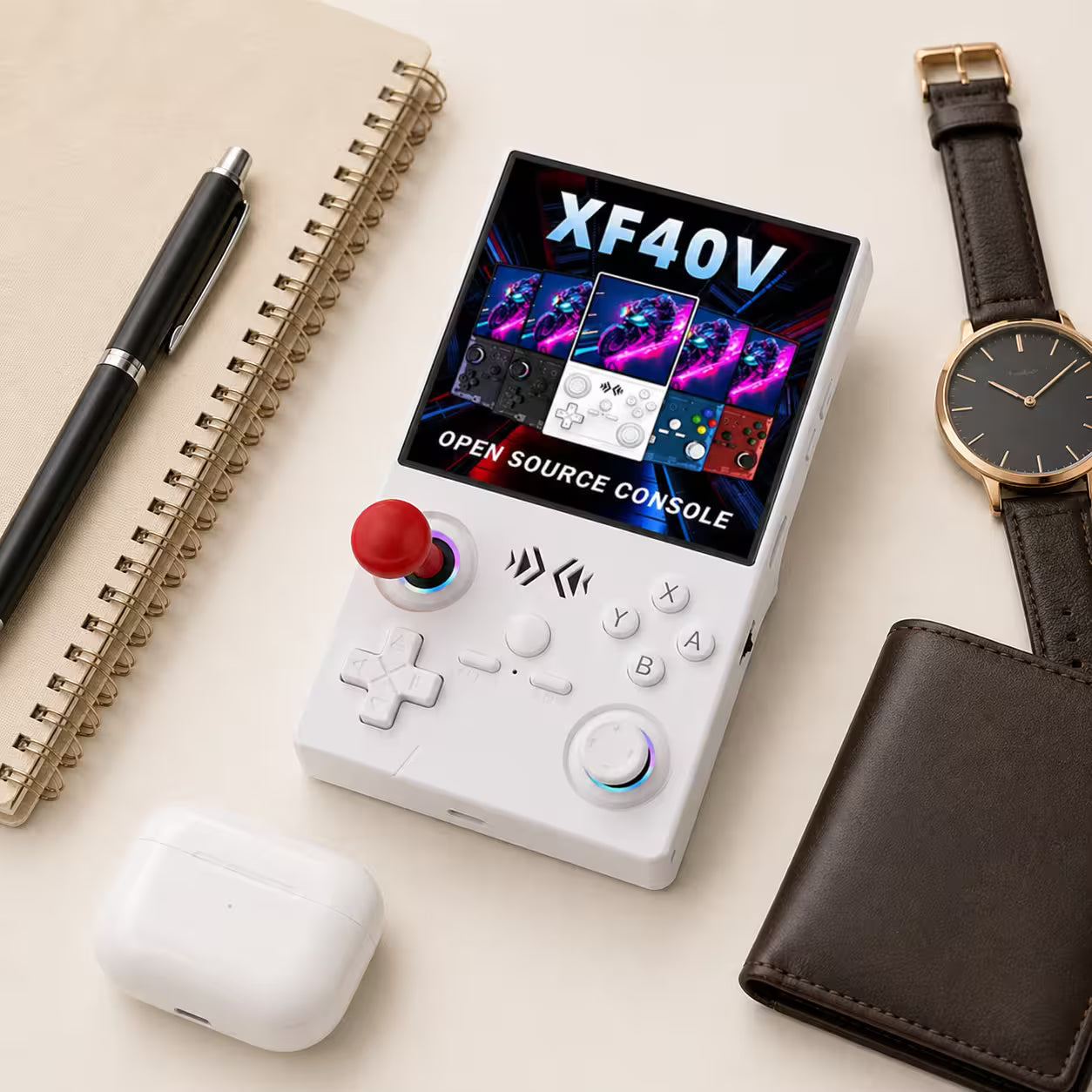 iGameConsole XF40V white compact retro handheld console beside everyday carry items including a notebook, pen, earbuds case, wallet, and watch, showing portable size and clean white design.