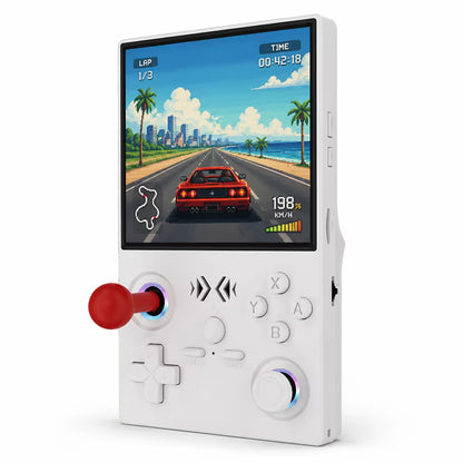 iGameConsole XF40V white handheld game console with red joystick, RGB ring accents, white D-pad, ABXY buttons, and a retro racing screen on a clean white studio background.
