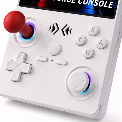 Close-up of the iGameConsole XF40V white retro handheld console showing the red joystick, RGB ring accents, white D-pad, ABXY buttons, select and start buttons, and matte shell details.
