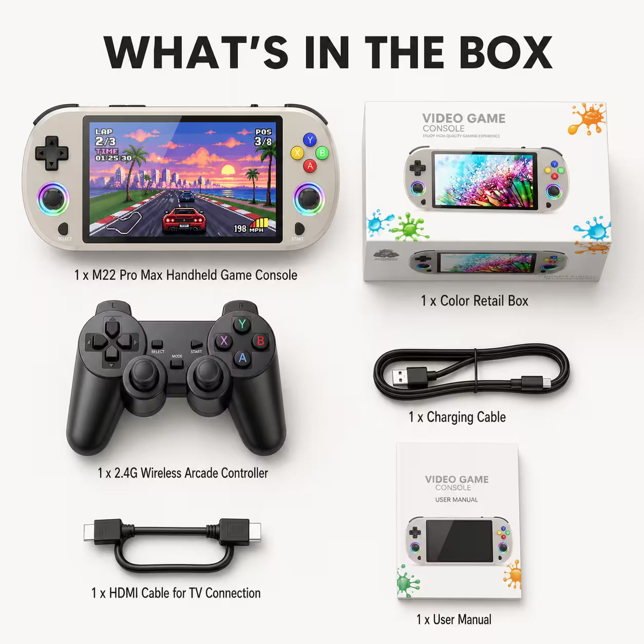 M22 Pro Max handheld game console displayed in a What’s in the Box layout with a 2.4G wireless arcade controller, charging cable, HDMI cable, user manual, retail box, and clean white studio background.