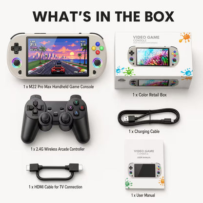 M22 Pro Max handheld game console displayed in a What’s in the Box layout with a 2.4G wireless arcade controller, charging cable, HDMI cable, user manual, retail box, and clean white studio background.