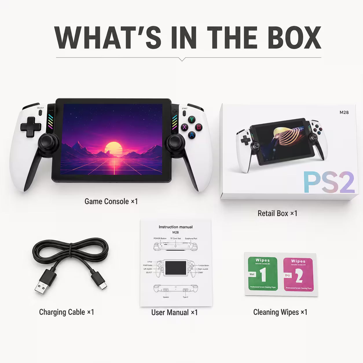 M28 handheld game console what's in the box image showing 1 console, 1 charging cable, 1 user manual, 1 screen protector and retail box