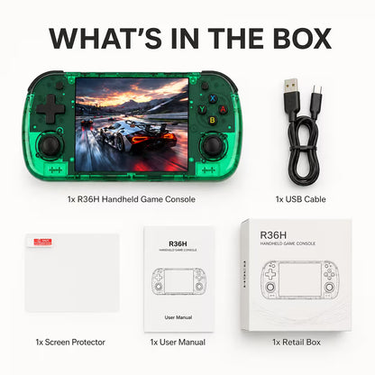 R36H handheld game console what's in the box image showing green console, USB cable, screen protector, user manual and retail box