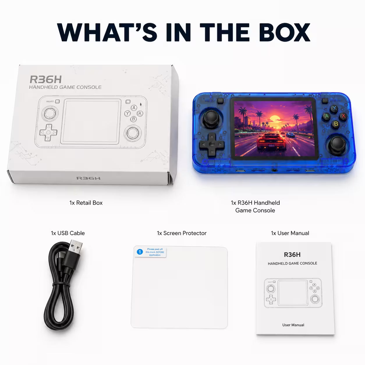 R36H handheld game console what's in the box image showing the console, USB cable, screen protector, user manual, and retail box on a clean white background