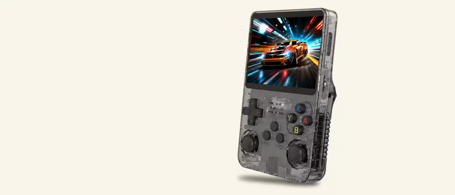 iGameConsole R36S transparent smoke black retro handheld game console shown in a wide hero banner layout with a vivid racing game screen, black D-pad, dual joysticks, colorful ABXY buttons, and clean warm white background.