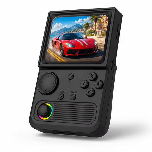R36T black retro handheld game console shown in a premium front-angle hero shot on a clean white background, featuring a vertical display, round D-pad, ABXY buttons, speaker grille, and RGB-ring joystick with a vivid racing game screen.