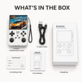 R36XX handheld game console what's in the box image showing the console, Type-C cable, certificate, user manual, and retail box on a clean white background.