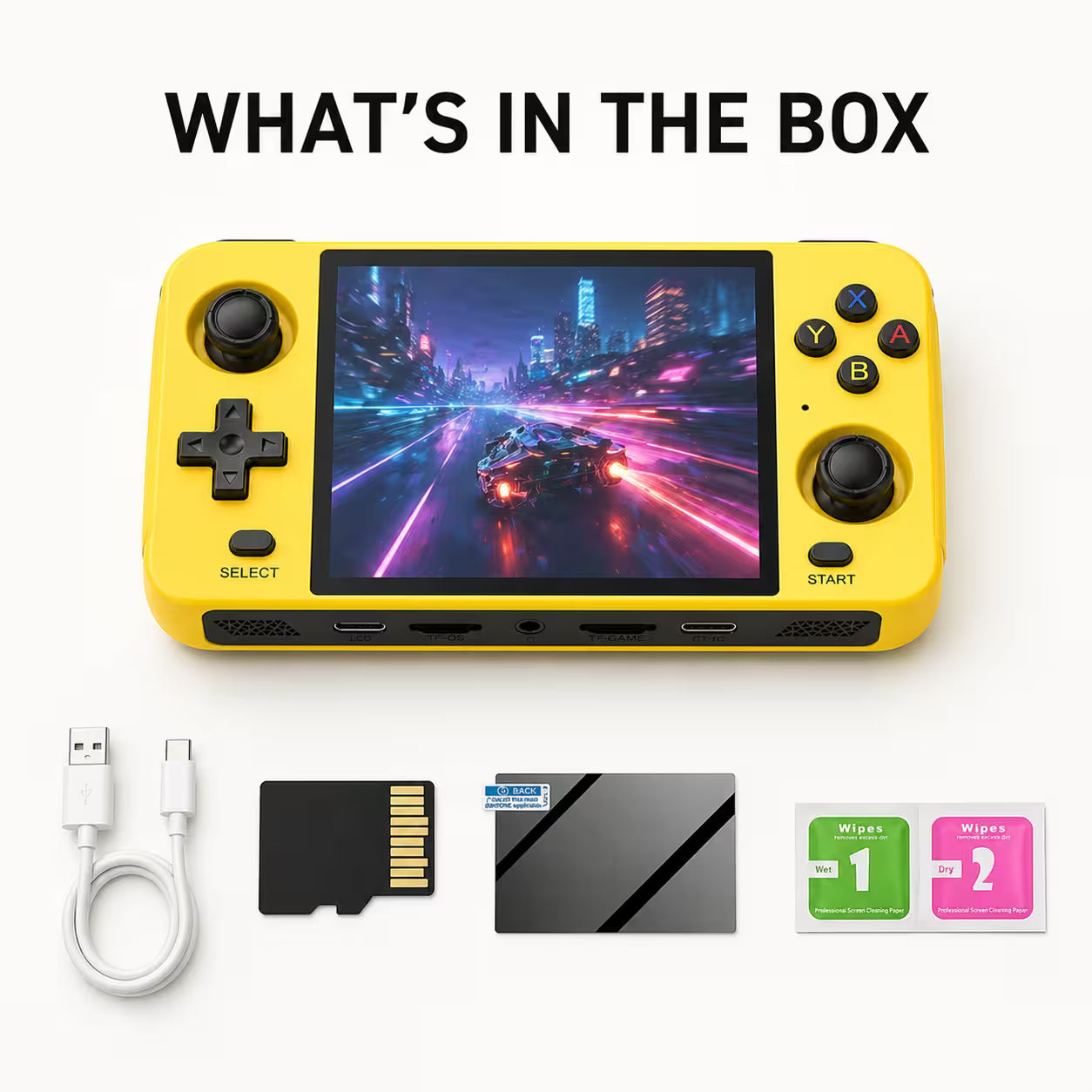 R40S Elite Edition handheld game console shown in a WHAT’S IN THE BOX layout with the console, charging cable, memory card, screen protector, cleaning wipes, and clean white studio background.