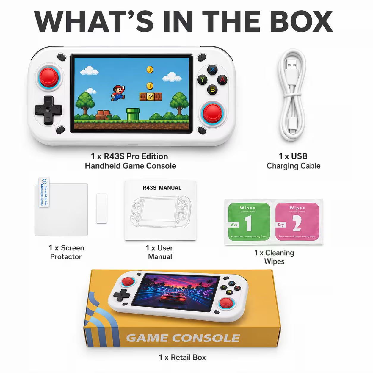 Single white R43S Pro Edition handheld game console shown in a titled What’s in the Box layout with a charging cable, screen protector kit, user manual, cleaning wipes, and retail box on a clean white studio background.