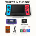 R50 Ultra handheld game console displayed in a WHAT’S IN THE BOX layout with included accessories such as the memory card, user manual, charging cable, screen protector kit, and cleaning wipes, arranged neatly on a clean white studio background.