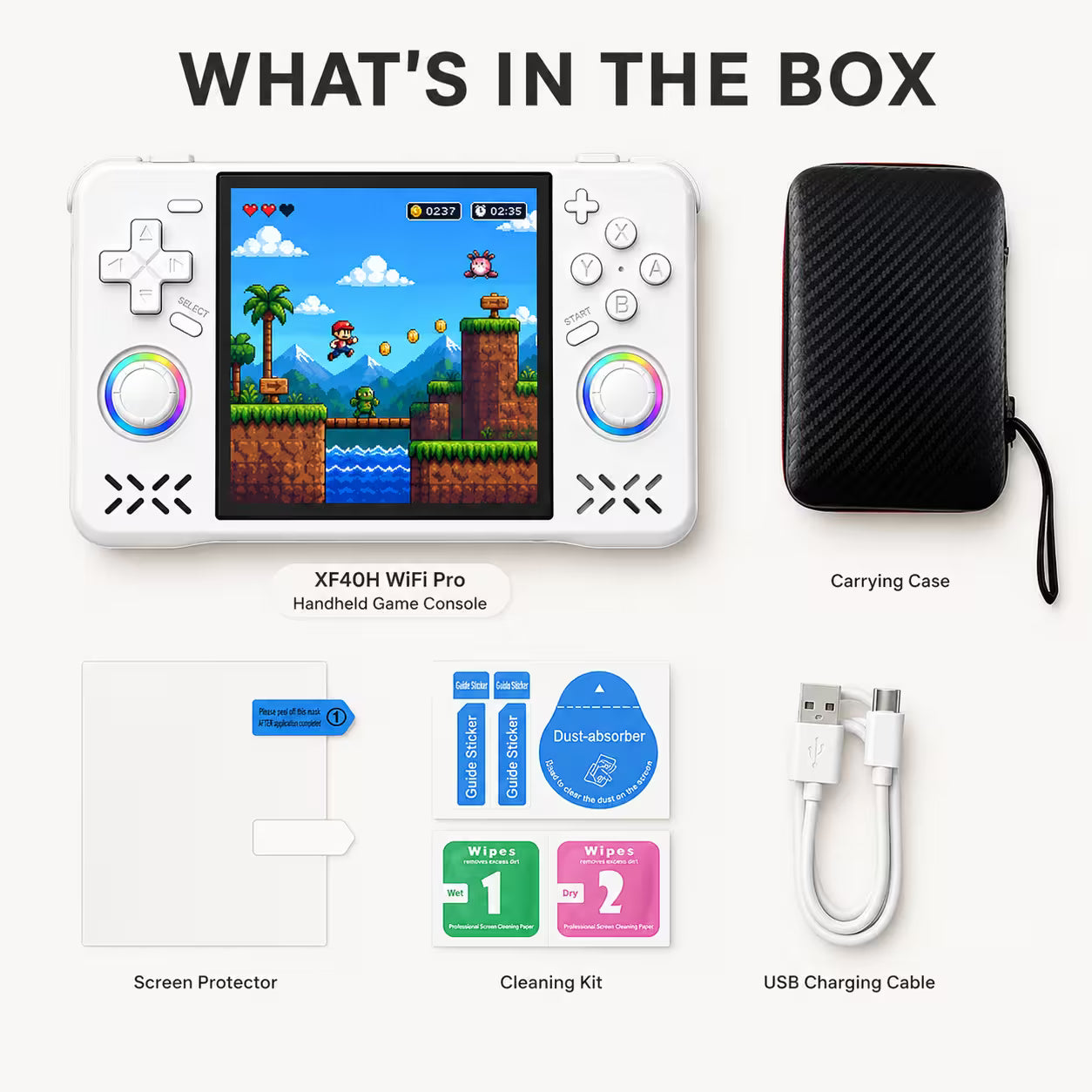 XF40H WiFi Pro white portable gaming console displayed in a What’s in the Box layout with the console, zip carrying case, screen protector kit, cleaning wipes, USB charging cable, and clean white studio background.